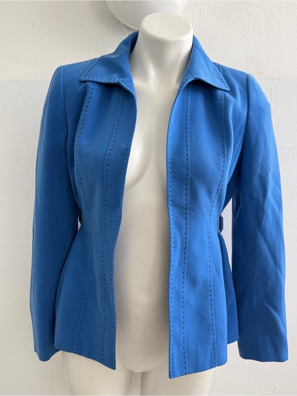 NEW Kasper royal blue Open Blazer Petite 2 jacket Stitch side buckle Womens